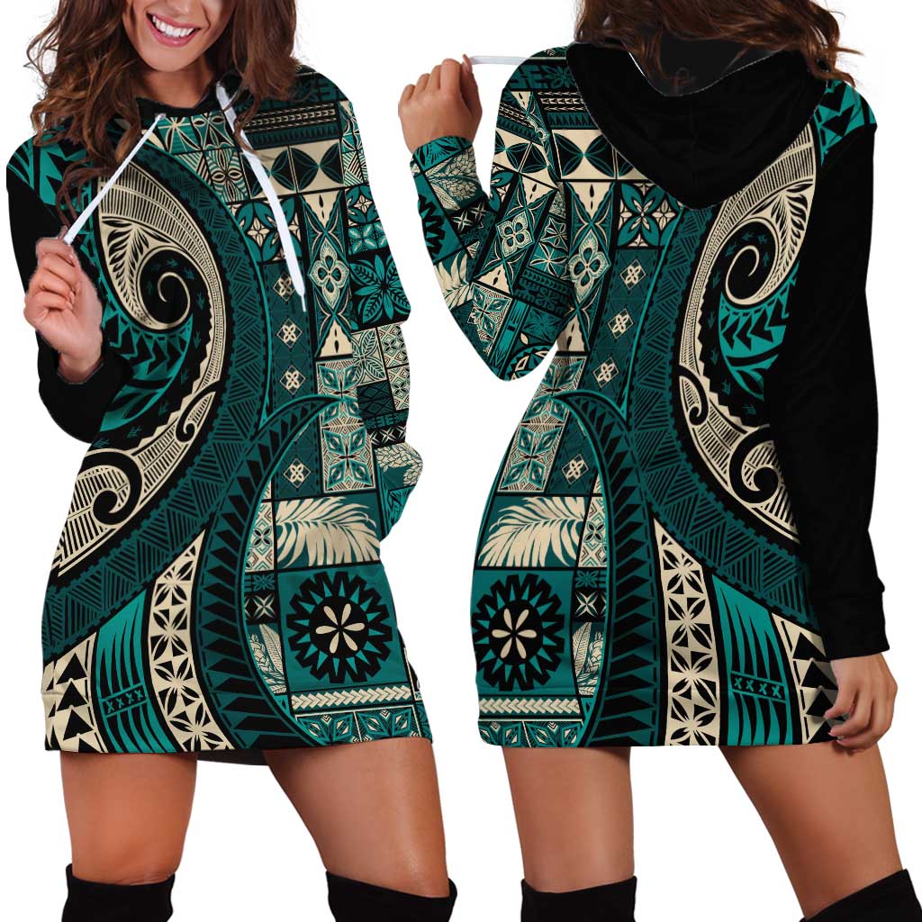 Vintage Samoa Siapo Mamanu Hoodie Dress Teal Samoan Tapa Motif - Polynesian Pride