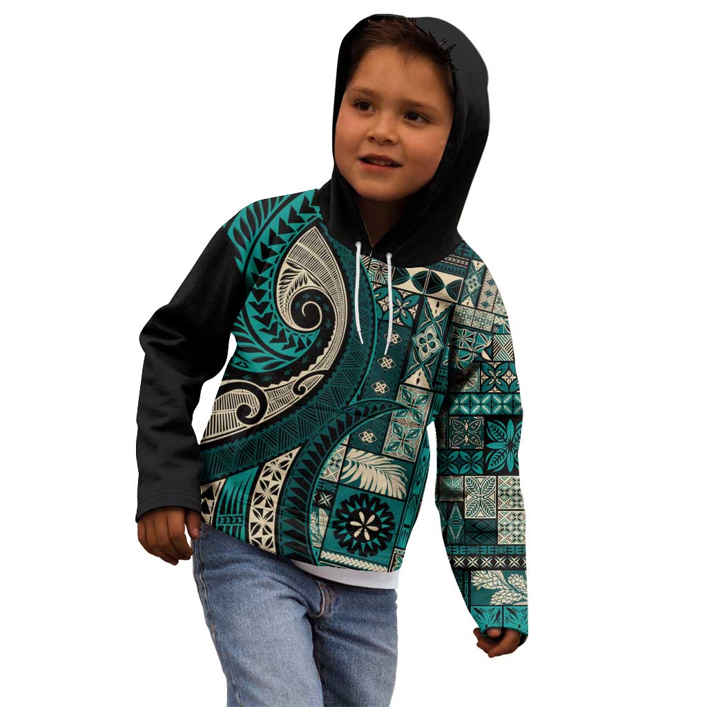 Vintage Samoa Siapo Mamanu Kid Hoodie Teal Samoan Tapa Motif - Polynesian Pride