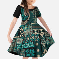 Vintage Samoa Siapo Mamanu Kid Short Sleeve Dress Teal Samoan Tapa Motif - Polynesian Pride