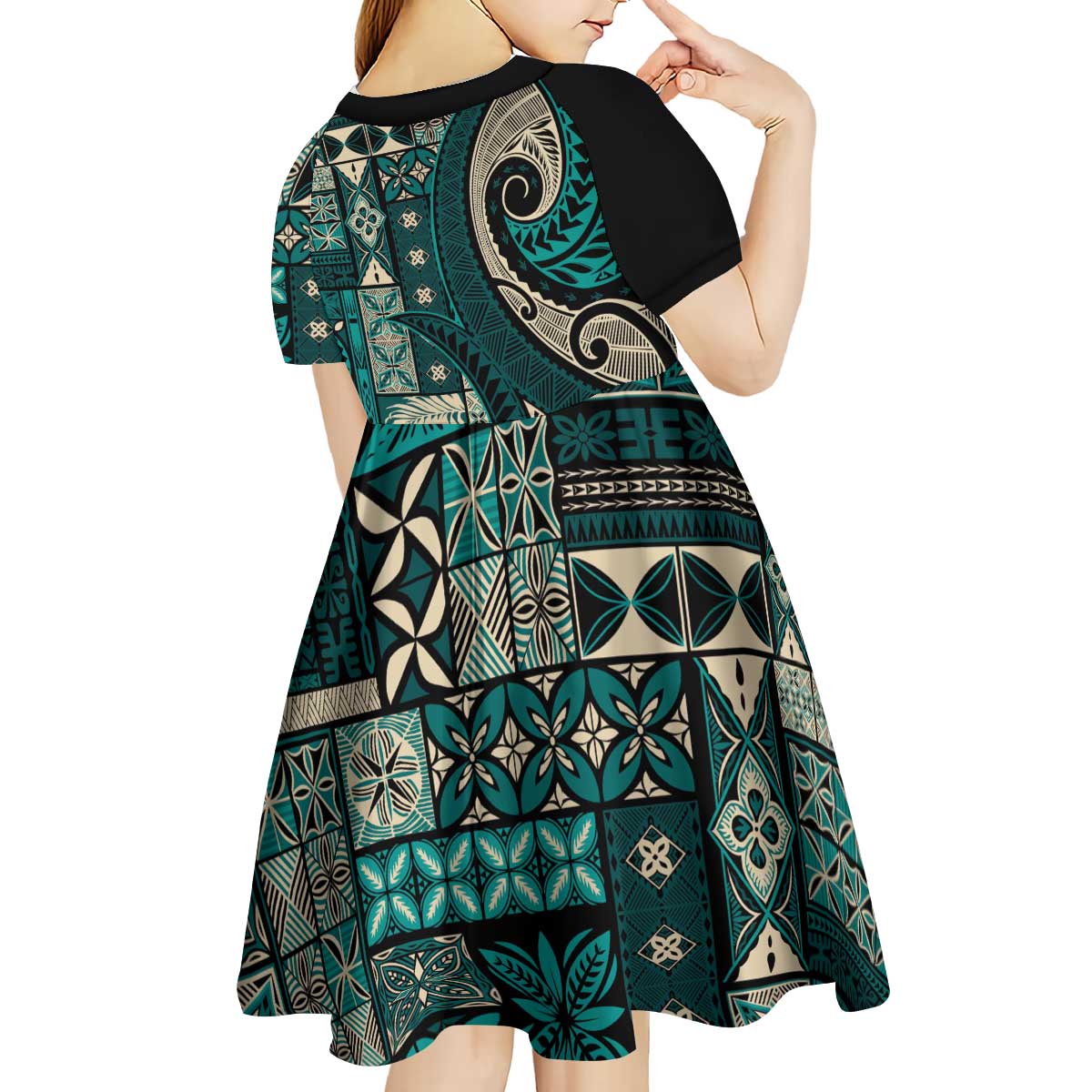 Vintage Samoa Siapo Mamanu Kid Short Sleeve Dress Teal Samoan Tapa Motif - Polynesian Pride