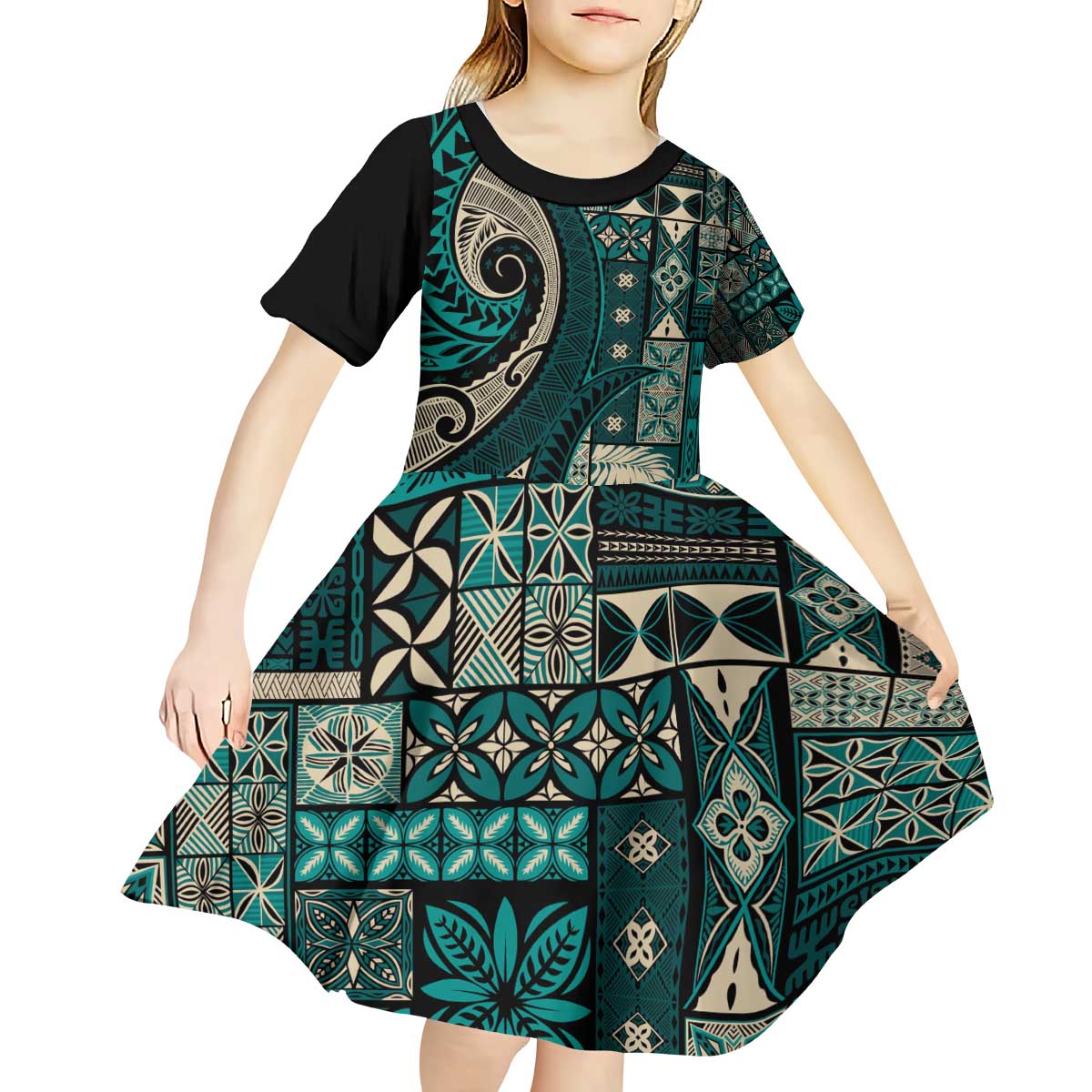 Vintage Samoa Siapo Mamanu Kid Short Sleeve Dress Teal Samoan Tapa Motif - Polynesian Pride