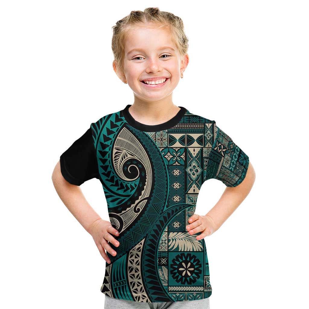 Vintage Samoa Siapo Mamanu Kid T Shirt Teal Samoan Tapa Motif - Polynesian Pride