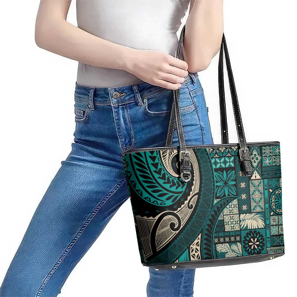 Vintage Samoa Siapo Mamanu Leather Tote Bag Teal Samoan Tapa Motif - Polynesian Pride