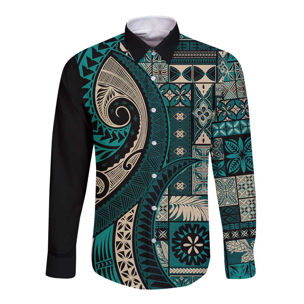 Vintage Samoa Siapo Mamanu Long Sleeve Button Shirt Teal Samoan Tapa Motif LT9 Unisex Teal - Polynesian Pride