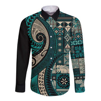 Vintage Samoa Siapo Mamanu Long Sleeve Button Shirt Teal Samoan Tapa Motif LT9 Unisex Teal - Polynesian Pride