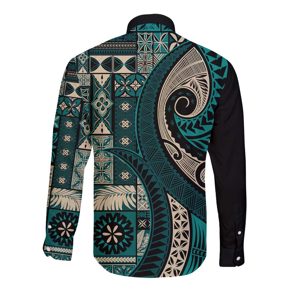 Vintage Samoa Siapo Mamanu Long Sleeve Button Shirt Teal Samoan Tapa Motif LT9 - Polynesian Pride