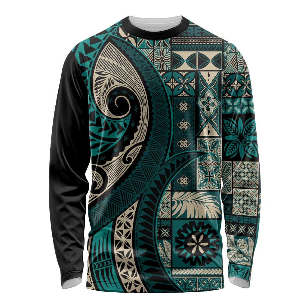 Vintage Samoa Siapo Mamanu Long Sleeve Shirt Teal Samoan Tapa Motif LT9 Unisex Teal - Polynesian Pride