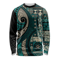 Vintage Samoa Siapo Mamanu Long Sleeve Shirt Teal Samoan Tapa Motif LT9 Unisex Teal - Polynesian Pride
