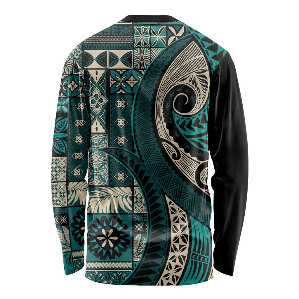 Vintage Samoa Siapo Mamanu Long Sleeve Shirt Teal Samoan Tapa Motif LT9 - Polynesian Pride
