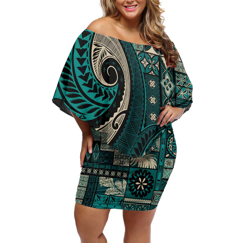 Vintage Samoa Siapo Mamanu Off Shoulder Short Dress Teal Samoan Tapa Motif - Polynesian Pride