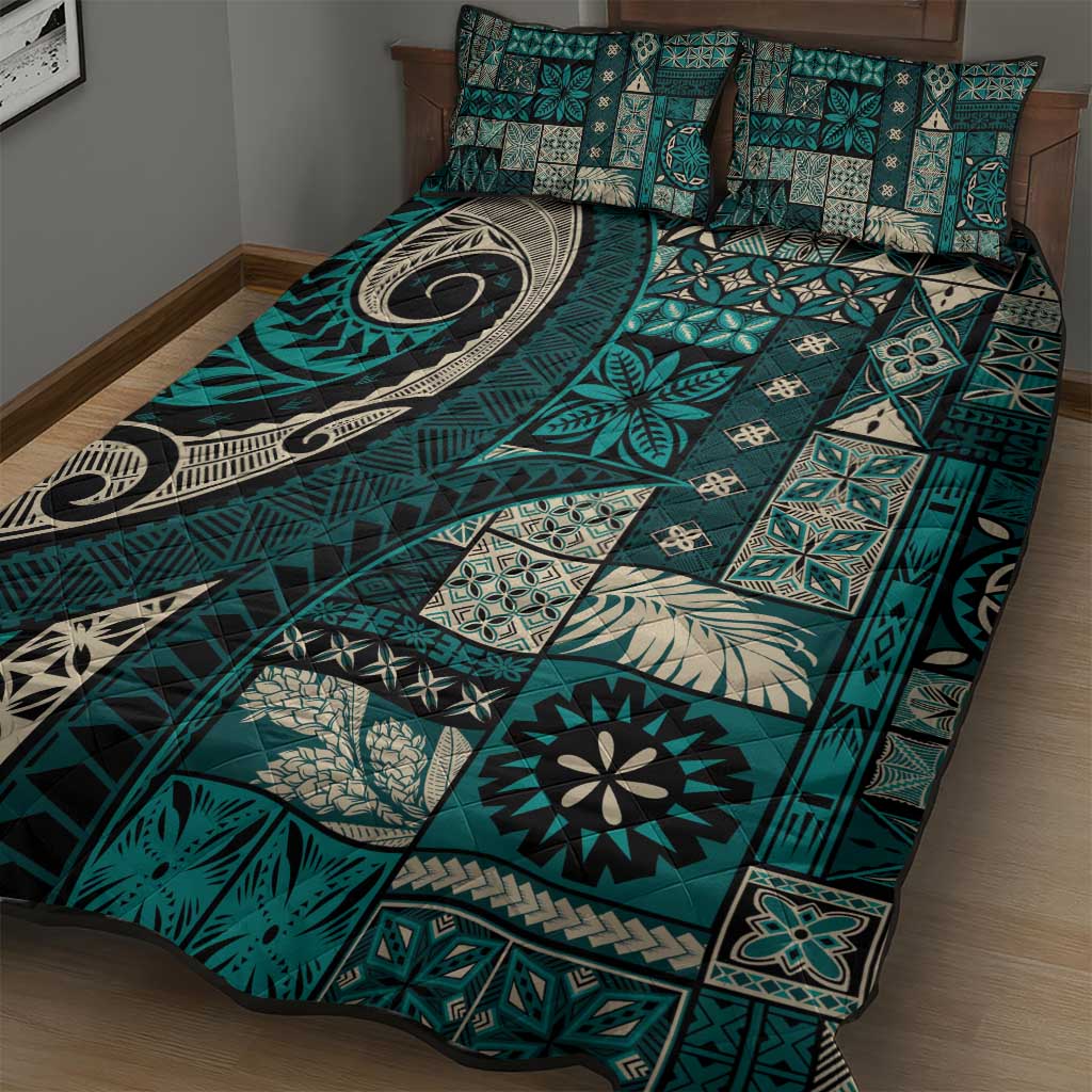 Vintage Samoa Siapo Mamanu Quilt Bed Set Teal Samoan Tapa Motif - Polynesian Pride
