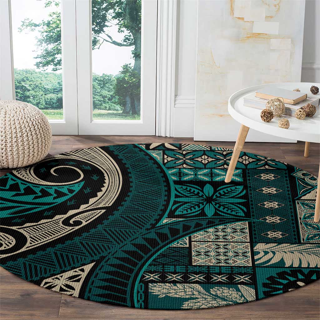 Vintage Samoa Siapo Mamanu Round Carpet Teal Samoan Tapa Motif - Polynesian Pride