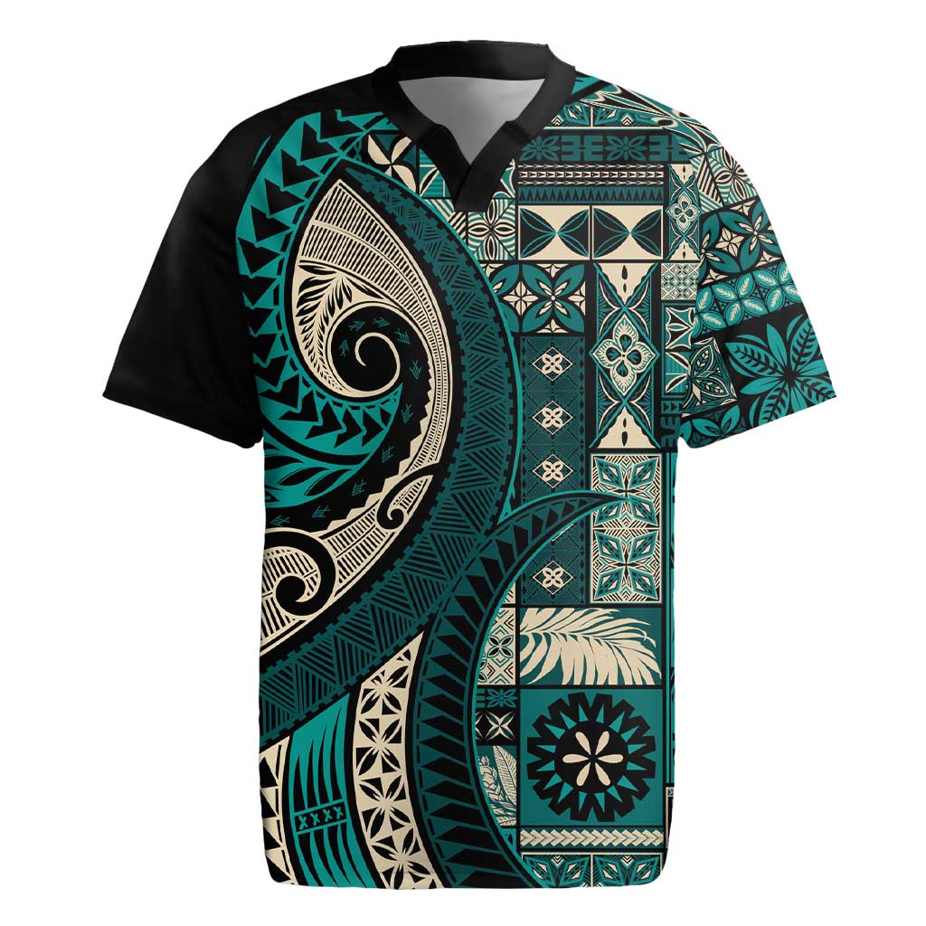 Vintage Samoa Siapo Mamanu Rugby Jersey Teal Samoan Tapa Motif LT9 Teal - Polynesian Pride