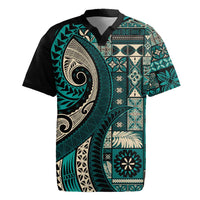 Vintage Samoa Siapo Mamanu Rugby Jersey Teal Samoan Tapa Motif LT9 Teal - Polynesian Pride