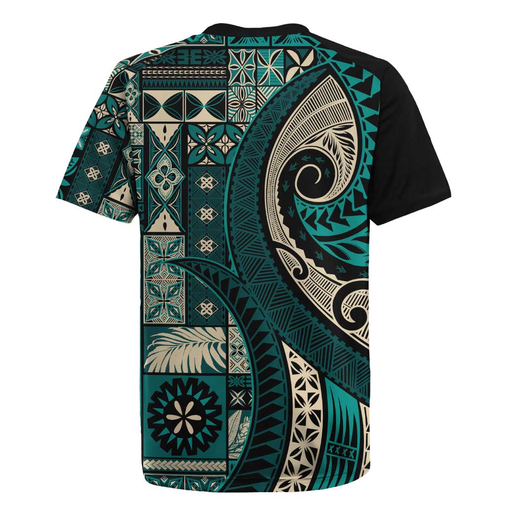 Vintage Samoa Siapo Mamanu Rugby Jersey Teal Samoan Tapa Motif LT9 - Polynesian Pride