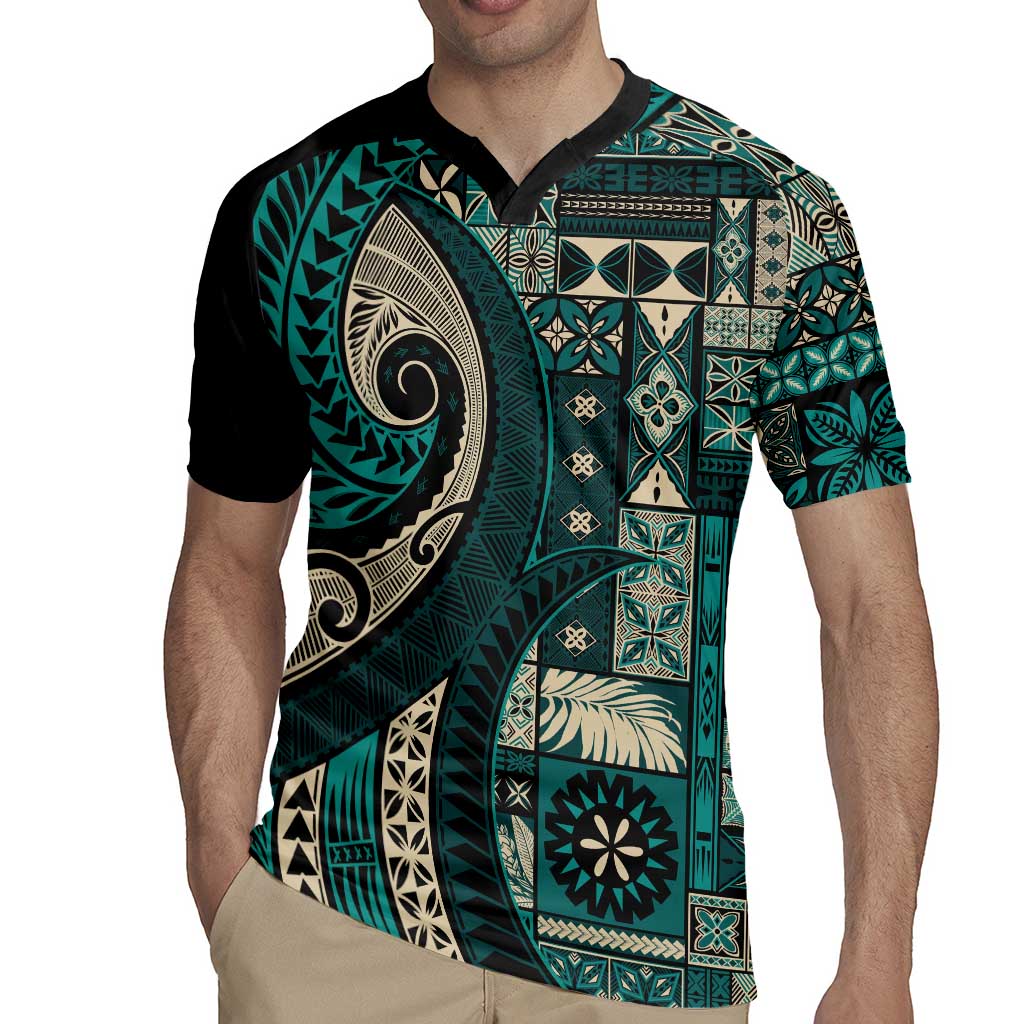 Vintage Samoa Siapo Mamanu Rugby Jersey Teal Samoan Tapa Motif LT9 - Polynesian Pride