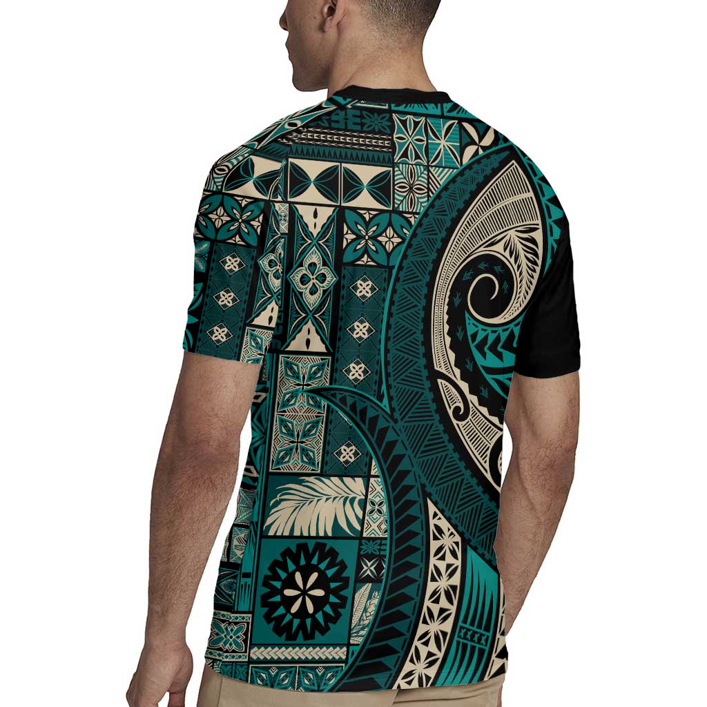 Vintage Samoa Siapo Mamanu Rugby Jersey Teal Samoan Tapa Motif LT9 - Polynesian Pride