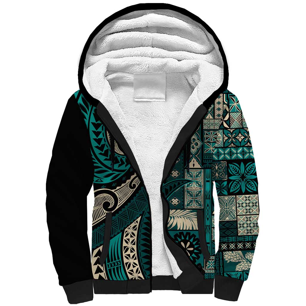 Vintage Samoa Siapo Mamanu Sherpa Hoodie Teal Samoan Tapa Motif LT9 Unisex Teal - Polynesian Pride
