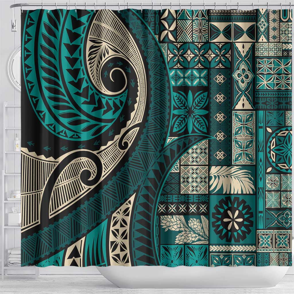 Vintage Samoa Siapo Mamanu Shower Curtain Teal Samoan Tapa Motif - Polynesian Pride