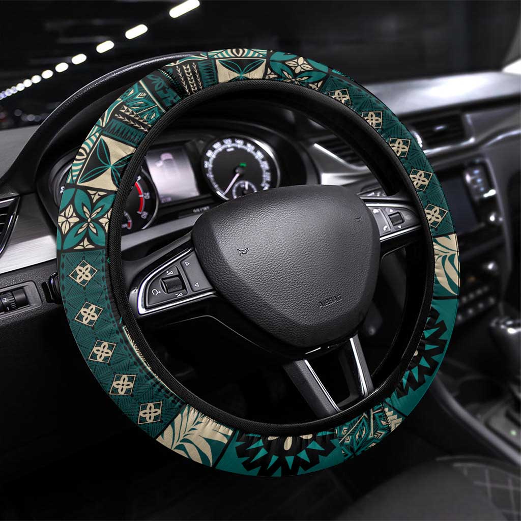Vintage Samoa Siapo Mamanu Steering Wheel Cover Teal Samoan Tapa Motif LT9 Universal Fit Teal - Polynesian Pride