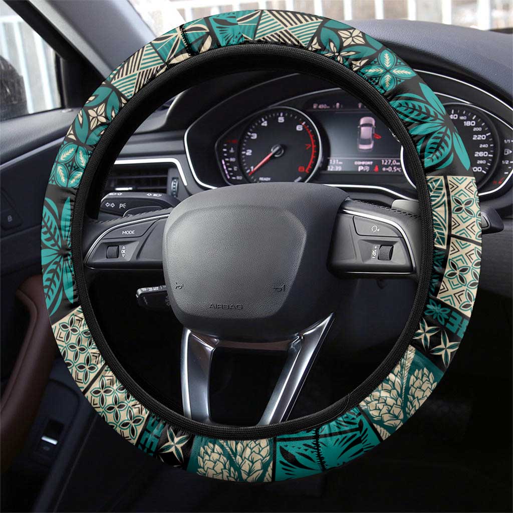 Vintage Samoa Siapo Mamanu Steering Wheel Cover Teal Samoan Tapa Motif LT9 - Polynesian Pride