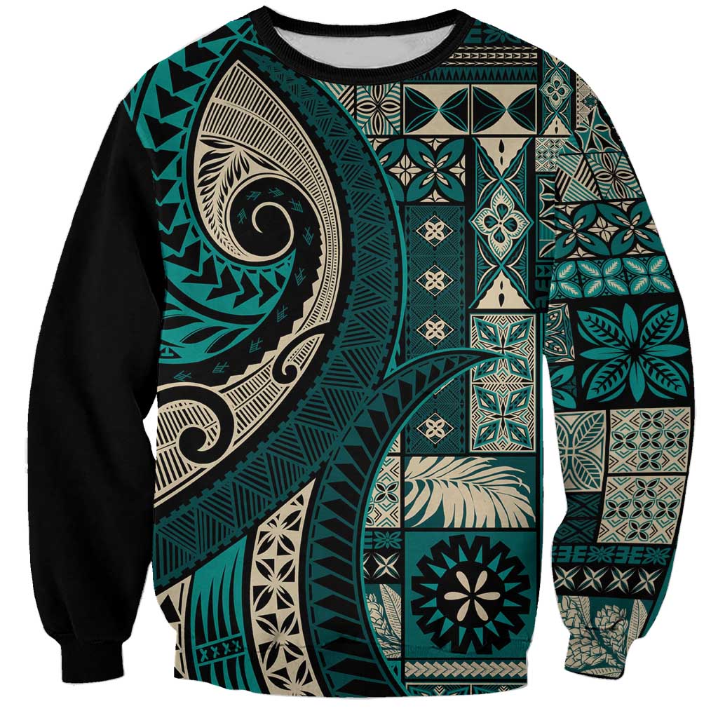 Vintage Samoa Siapo Mamanu Sweatshirt Teal Samoan Tapa Motif LT9 Unisex Teal - Polynesian Pride