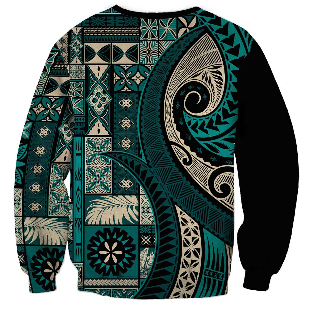 Vintage Samoa Siapo Mamanu Sweatshirt Teal Samoan Tapa Motif LT9 - Polynesian Pride