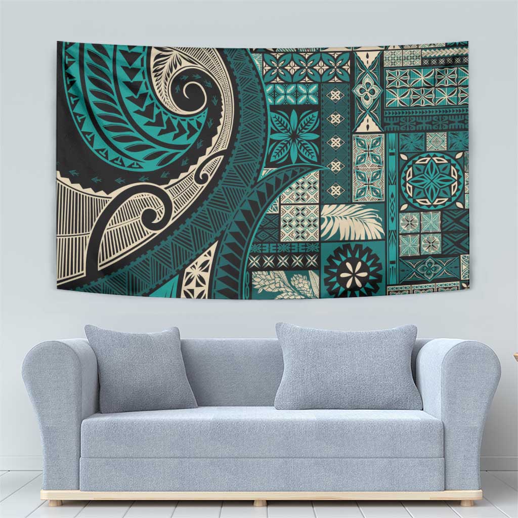 Vintage Samoa Siapo Mamanu Tapestry Teal Samoan Tapa Motif - Polynesian Pride