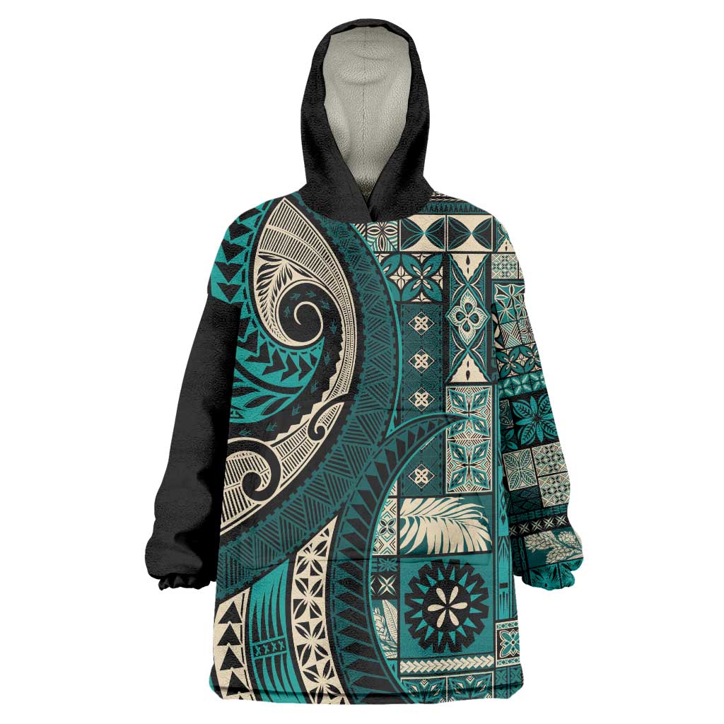 Vintage Samoa Siapo Mamanu Wearable Blanket Hoodie Teal Samoan Tapa Motif LT9 One Size Teal - Polynesian Pride