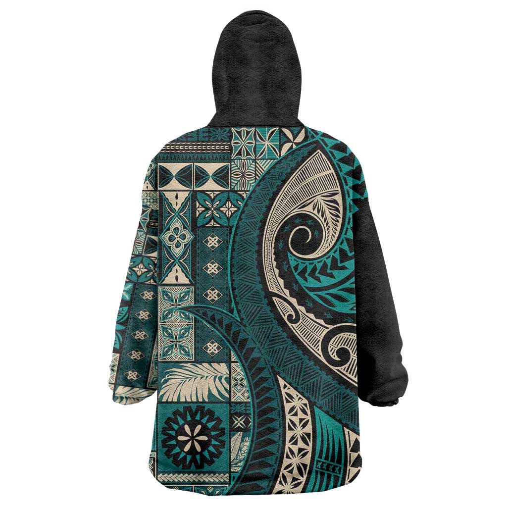 Vintage Samoa Siapo Mamanu Wearable Blanket Hoodie Teal Samoan Tapa Motif LT9 - Polynesian Pride