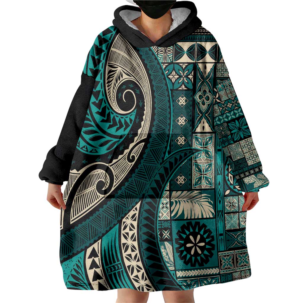 Vintage Samoa Siapo Mamanu Wearable Blanket Hoodie Teal Samoan Tapa Motif LT9 - Polynesian Pride