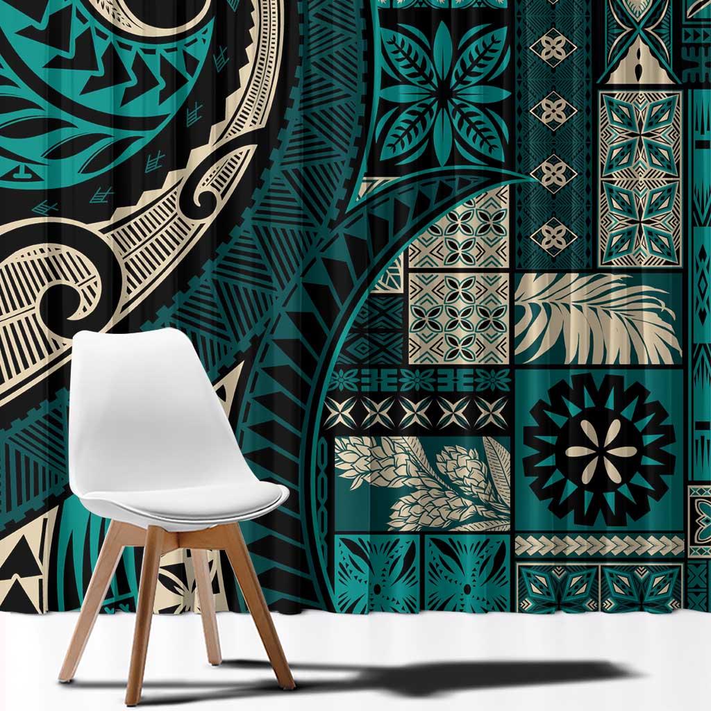 Vintage Samoa Siapo Mamanu Window Curtain Teal Samoan Tapa Motif - Polynesian Pride