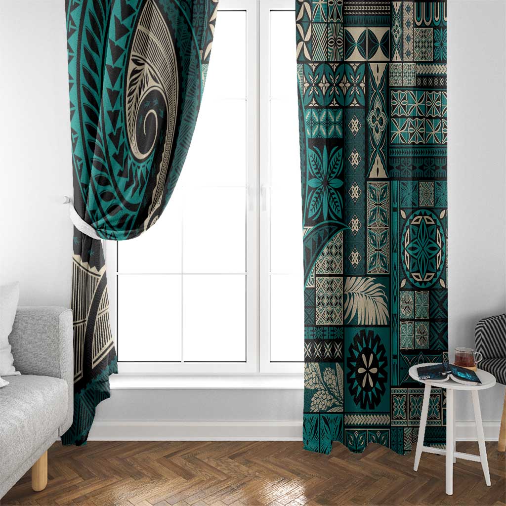 Vintage Samoa Siapo Mamanu Window Curtain Teal Samoan Tapa Motif - Polynesian Pride