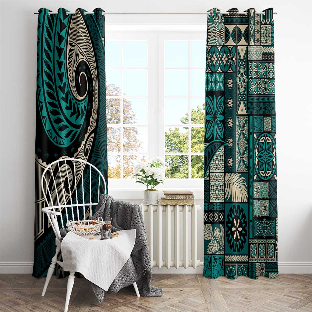 Vintage Samoa Siapo Mamanu Window Curtain Teal Samoan Tapa Motif - Polynesian Pride