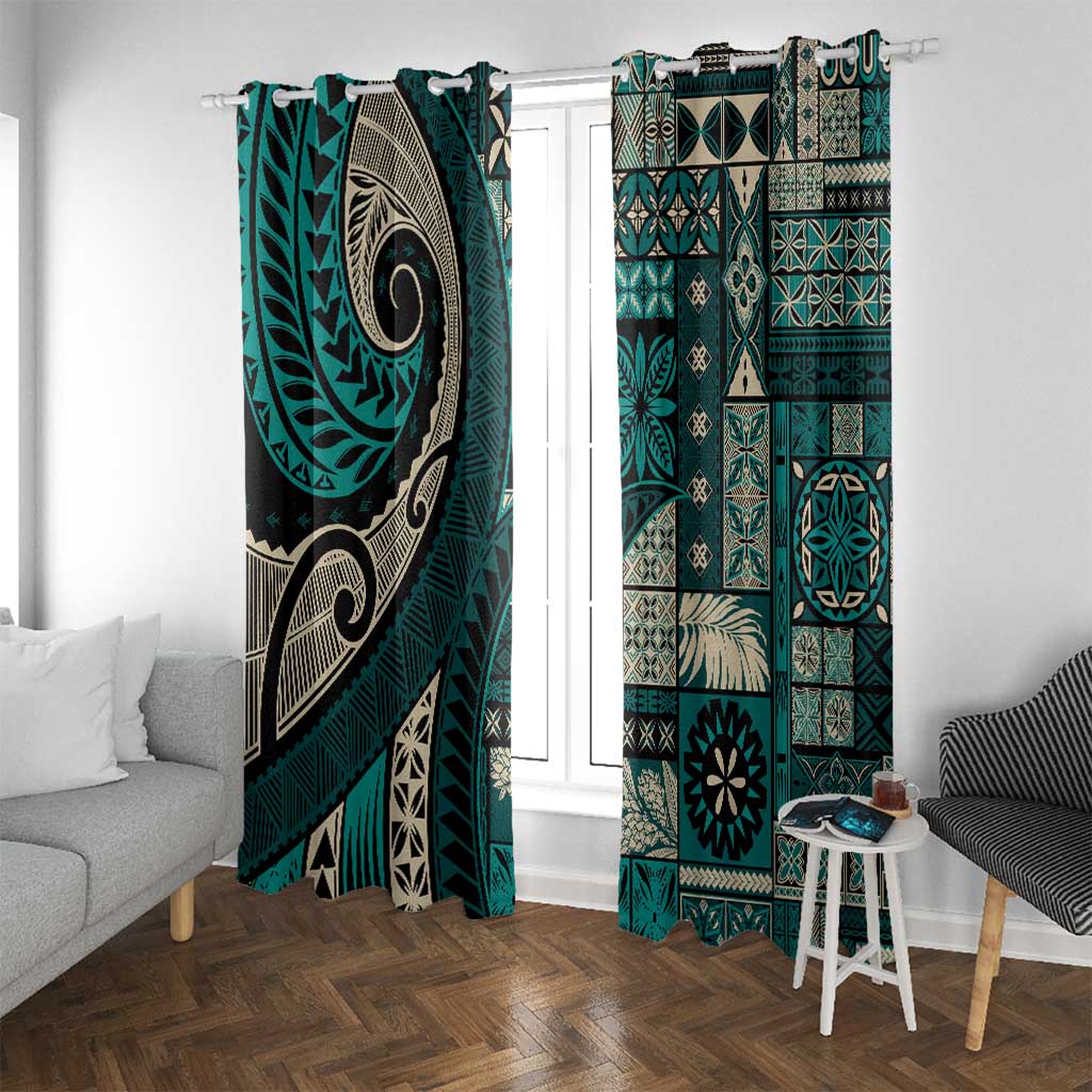 Vintage Samoa Siapo Mamanu Window Curtain Teal Samoan Tapa Motif - Polynesian Pride