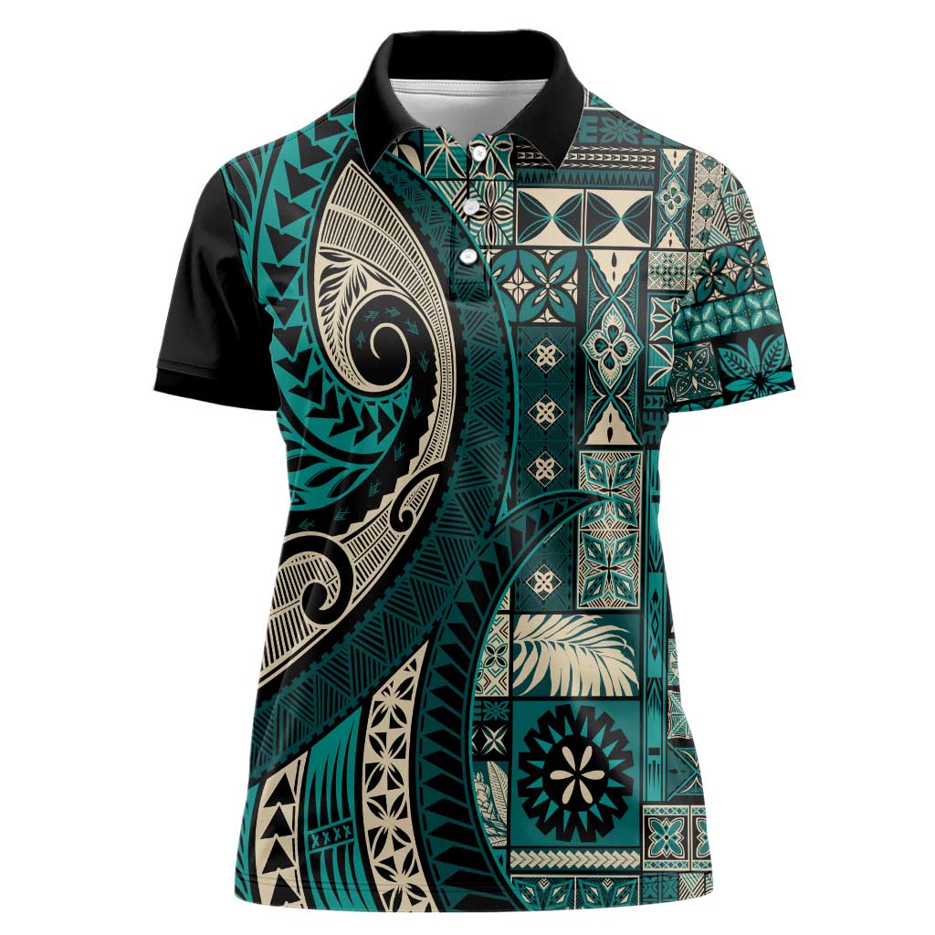 Vintage Samoa Siapo Mamanu Women Polo Shirt Teal Samoan Tapa Motif - Polynesian Pride