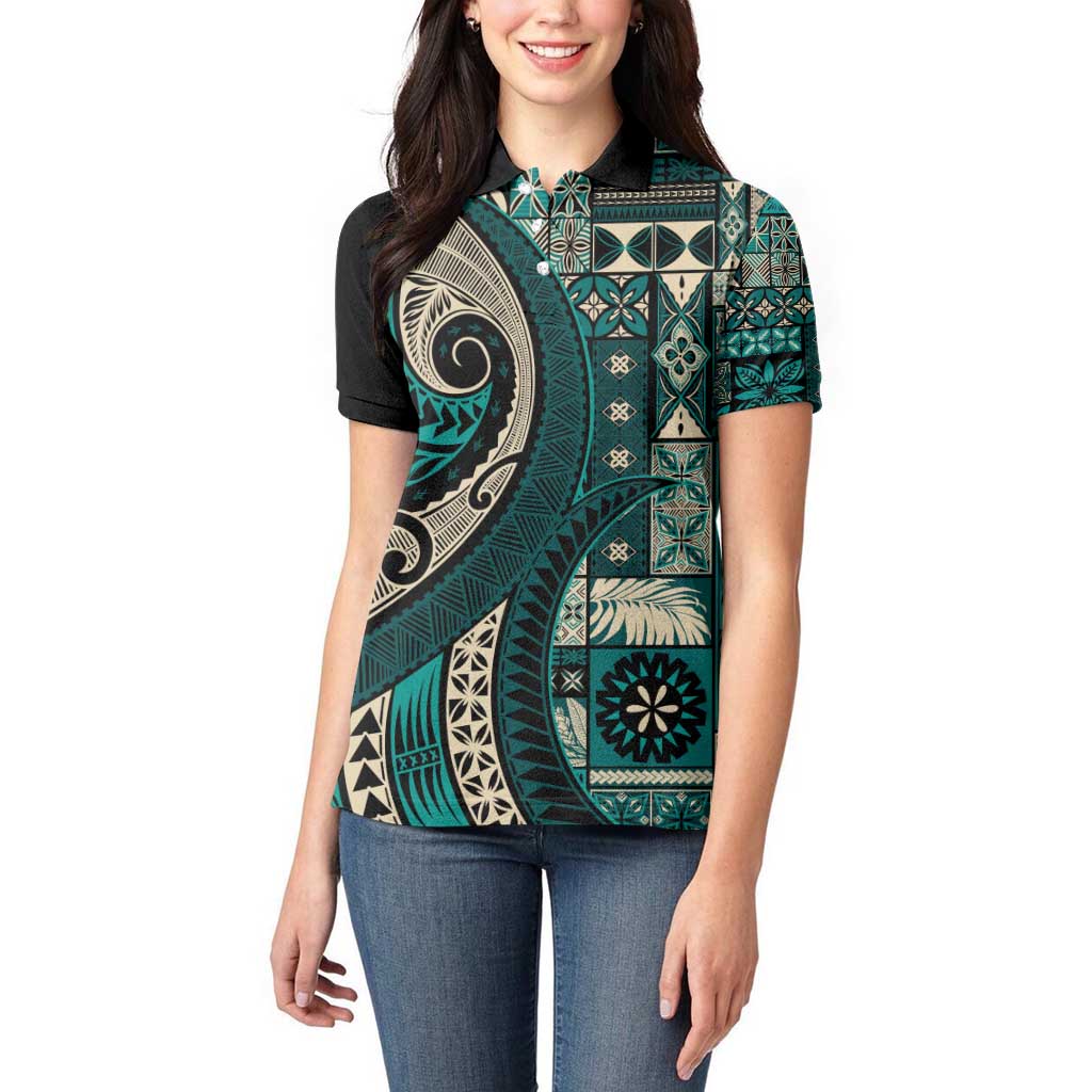 Vintage Samoa Siapo Mamanu Women Polo Shirt Teal Samoan Tapa Motif - Polynesian Pride