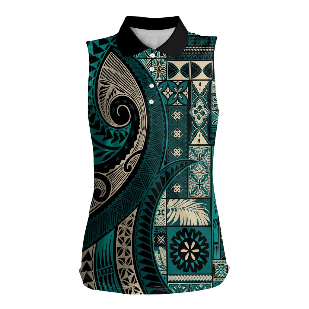 Vintage Samoa Siapo Mamanu Women Sleeveless Polo Shirt Teal Samoan Tapa Motif - Polynesian Pride