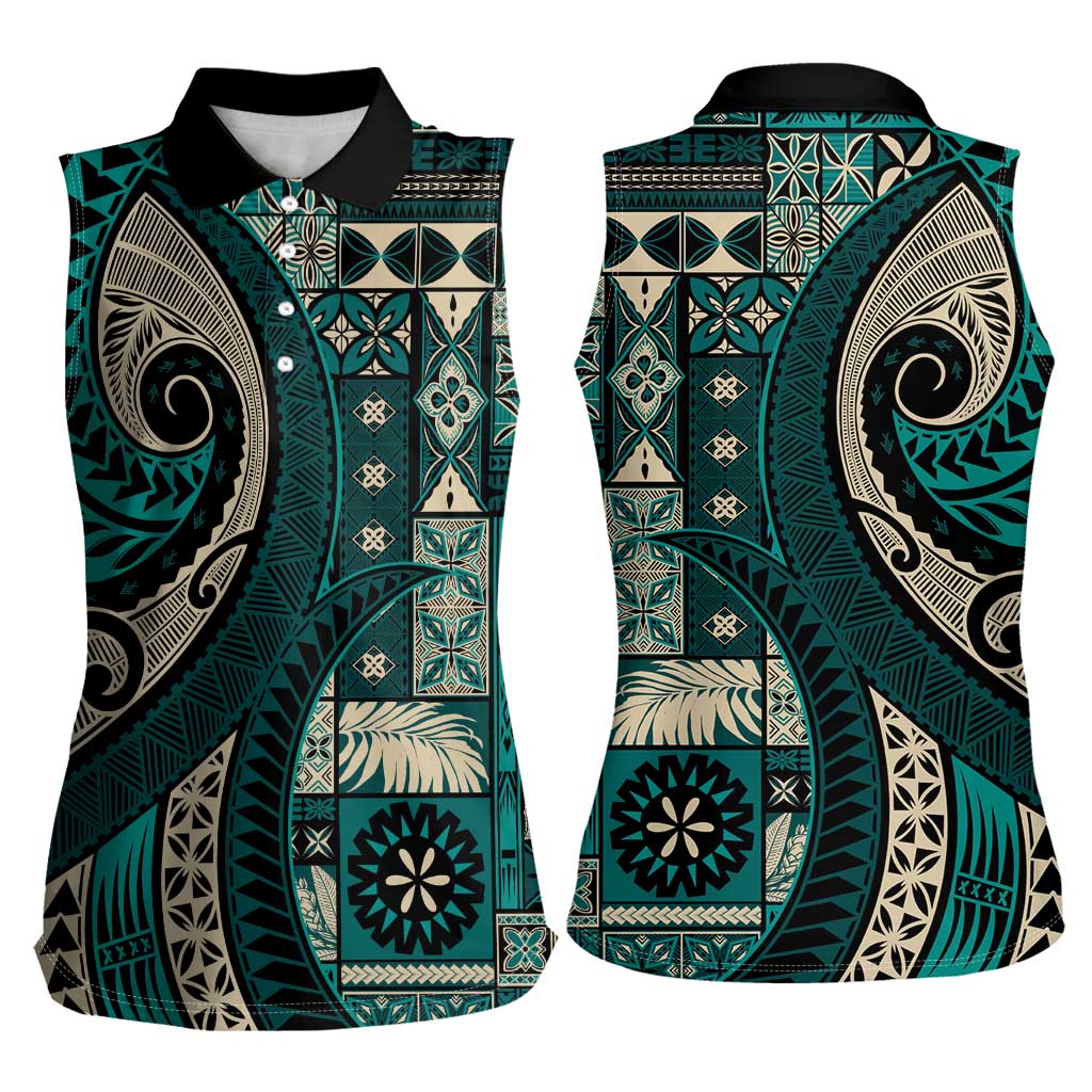 Vintage Samoa Siapo Mamanu Women Sleeveless Polo Shirt Teal Samoan Tapa Motif - Polynesian Pride