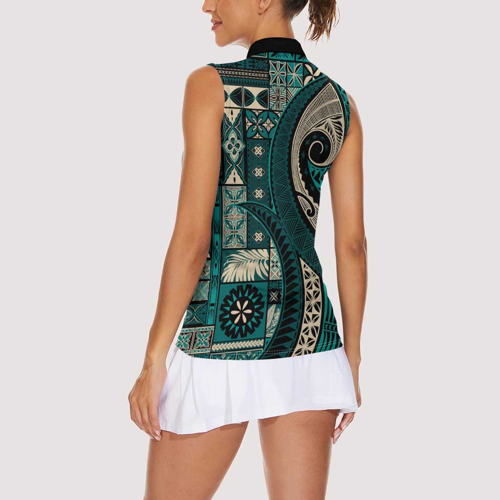 Vintage Samoa Siapo Mamanu Women Sleeveless Polo Shirt Teal Samoan Tapa Motif - Polynesian Pride