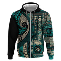 Vintage Samoa Siapo Mamanu Zip Hoodie Teal Samoan Tapa Motif - Polynesian Pride