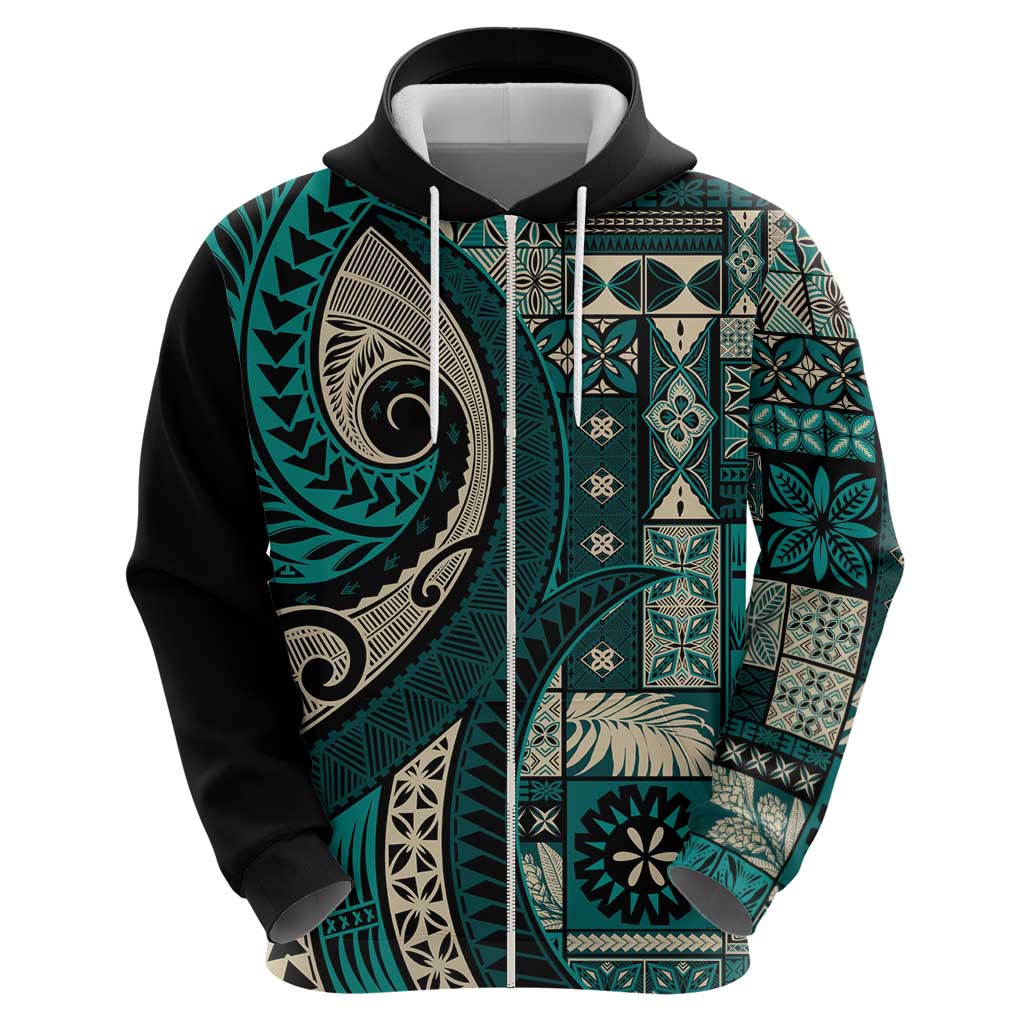 Vintage Samoa Siapo Mamanu Zip Hoodie Teal Samoan Tapa Motif - Polynesian Pride