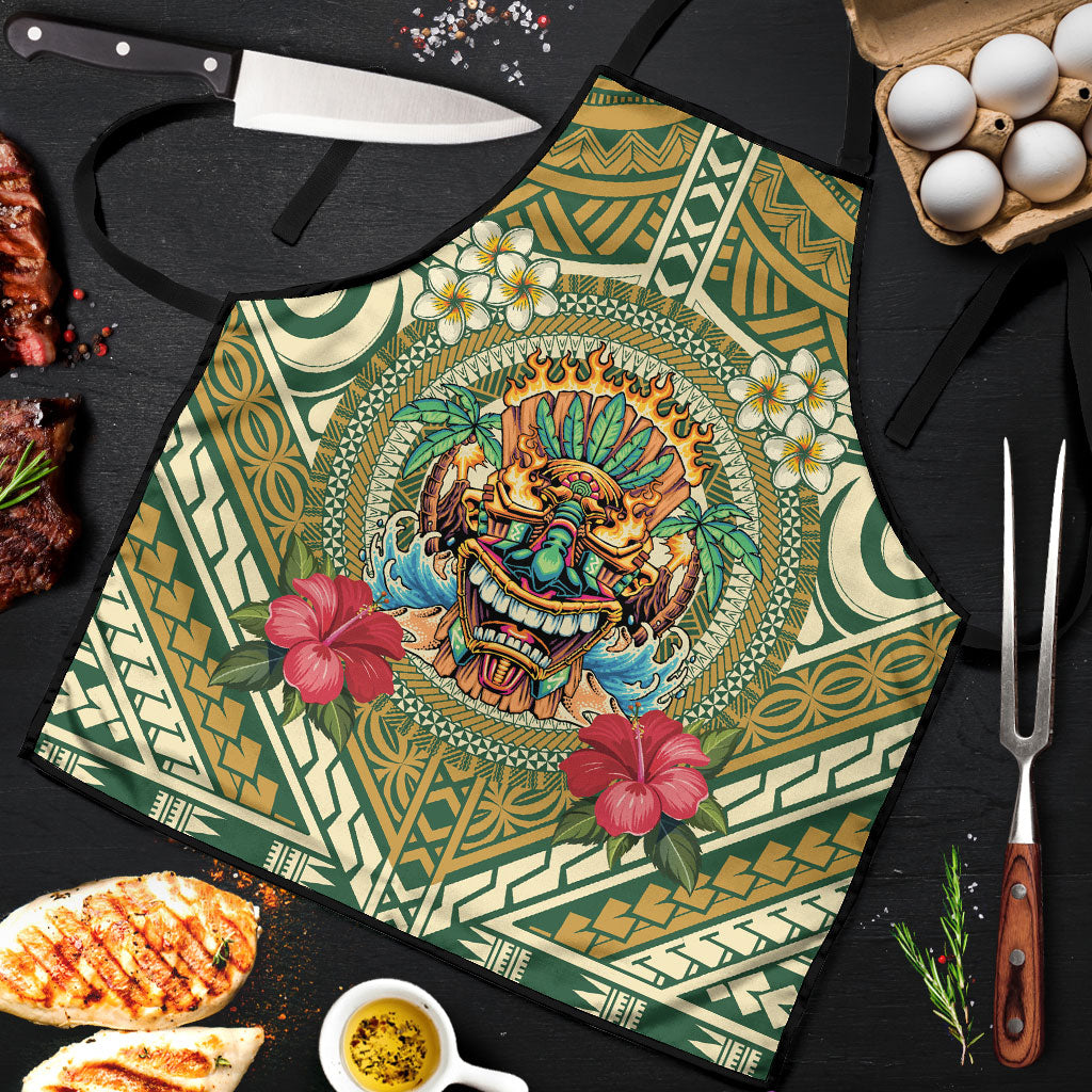 Hawaii Tiki Mask Apron Mele Kalikimaka i Iulai! LT9 Green - Polynesian Pride