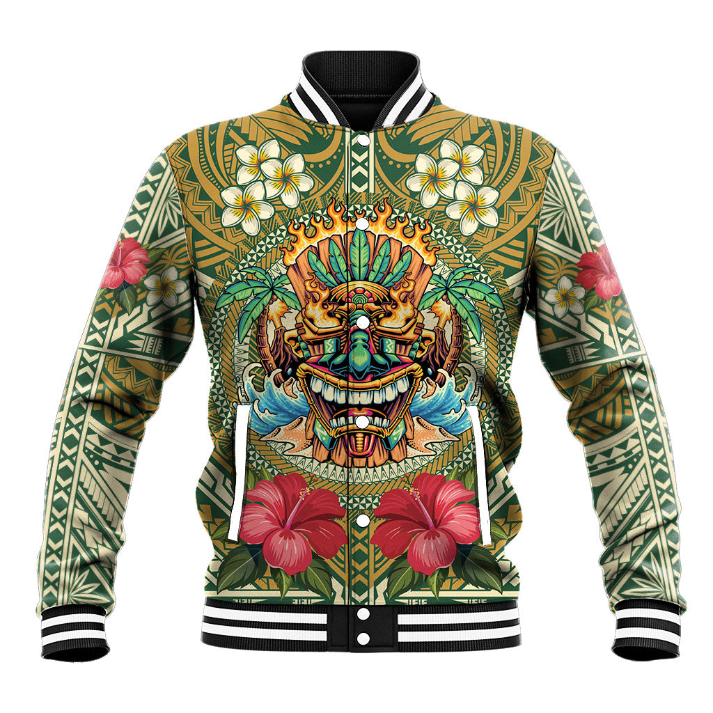 Hawaii Tiki Mask Personalized Baseball Jacket Mele Kalikimaka i Iulai! LT9 Unisex Green - Polynesian Pride