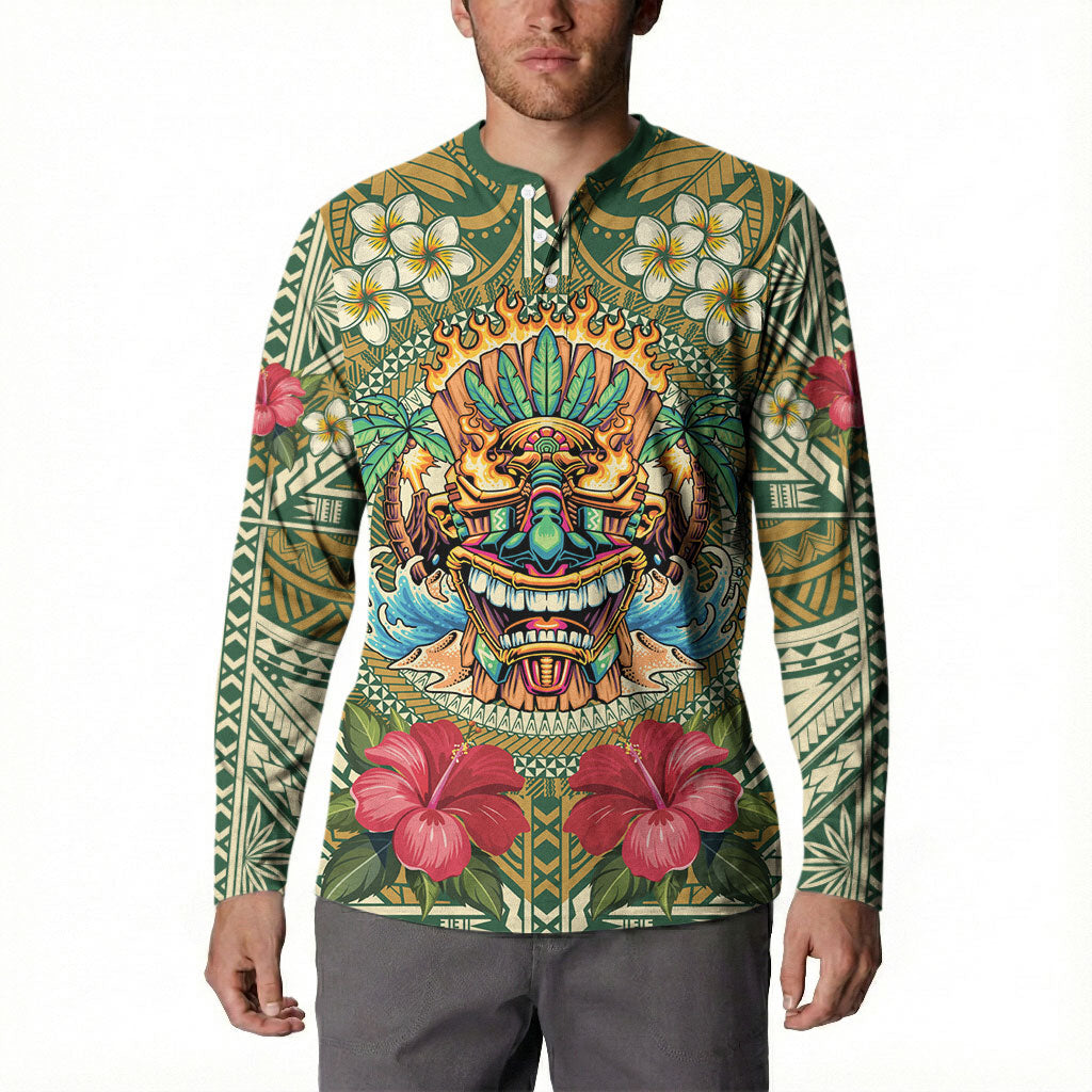 Hawaii Tiki Mask Personalized Button Sweatshirt Mele Kalikimaka i Iulai! LT9 - Polynesian Pride