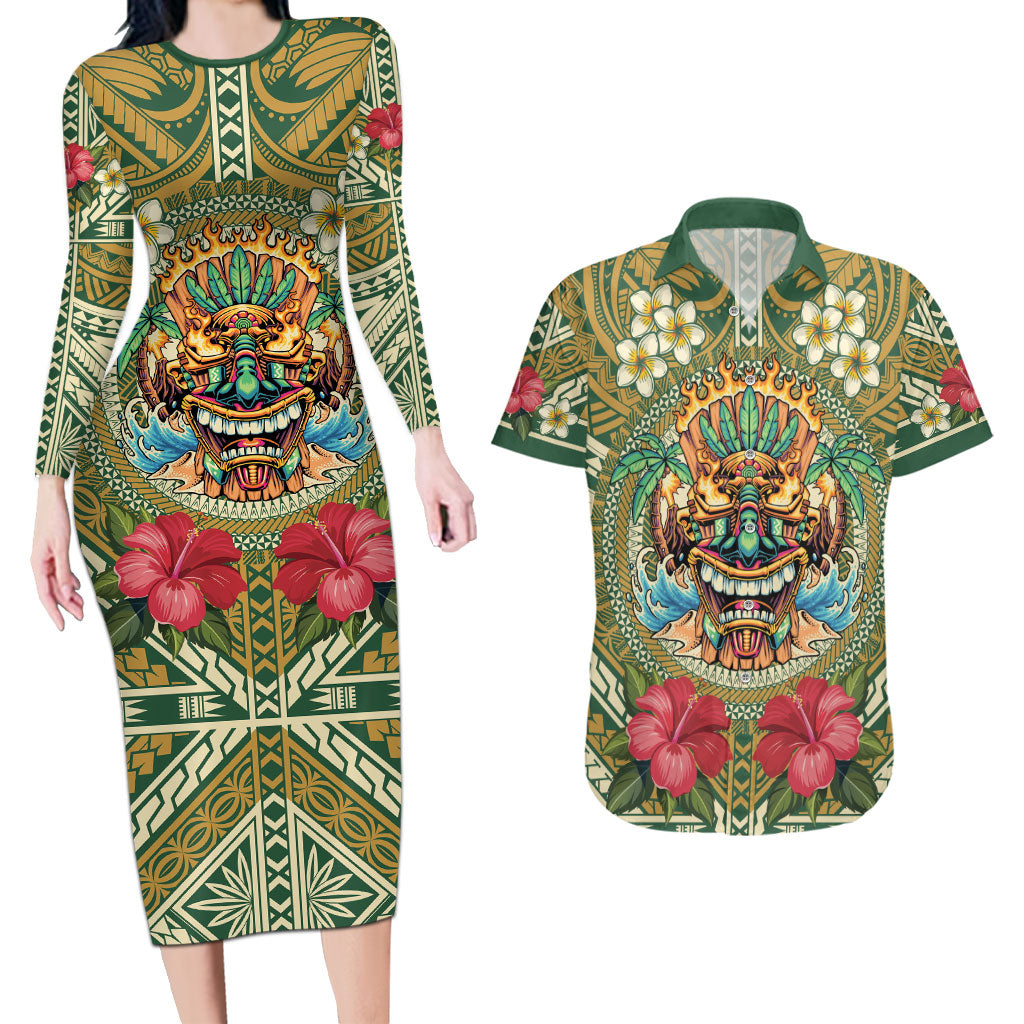 Hawaii Tiki Mask Personalized Couples Matching Long Sleeve Bodycon Dress and Hawaiian Shirt Mele Kalikimaka i Iulai! LT9 Green - Polynesian Pride