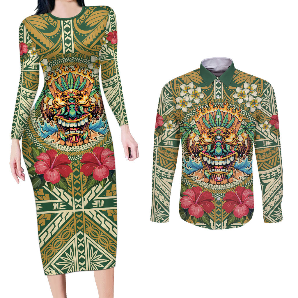 Hawaii Tiki Mask Personalized Couples Matching Long Sleeve Bodycon Dress and Long Sleeve Button Shirt Mele Kalikimaka i Iulai!