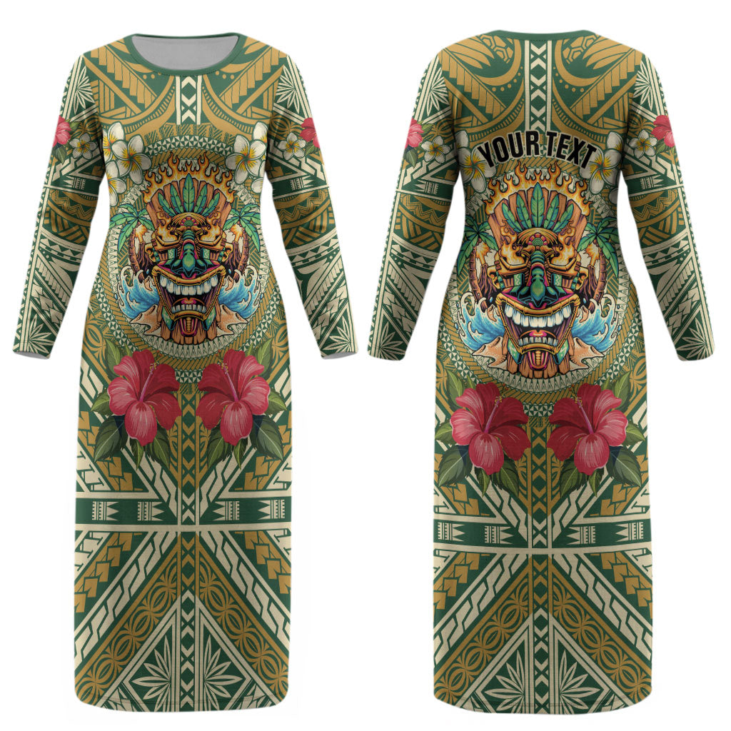 Hawaii Tiki Mask Personalized Couples Matching Long Sleeve Bodycon Dress and Long Sleeve Button Shirt Mele Kalikimaka i Iulai! LT9
