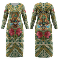 Hawaii Tiki Mask Personalized Couples Matching Long Sleeve Bodycon Dress and Long Sleeve Button Shirt Mele Kalikimaka i Iulai! LT9