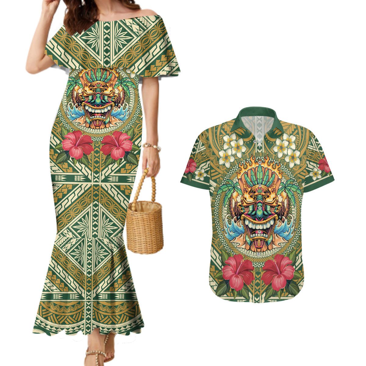 Hawaii Tiki Mask Personalized Couples Matching Mermaid Dress and Hawaiian Shirt Mele Kalikimaka i Iulai! LT9 Green - Polynesian Pride